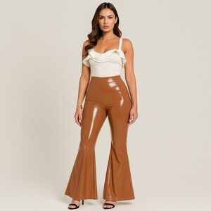 Ellaé‎ Lisqué Snatched AF Latex Bell Bottom Pants M Caramel Flare High Waist